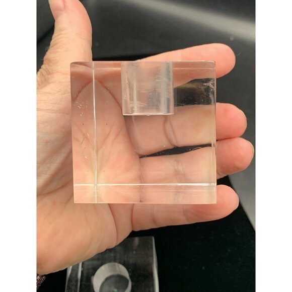 Lucite Block Cube Taper Candlestick Holder MCM Set 2 Vtg Clear Acrylic Incised - Picture 8 of 11